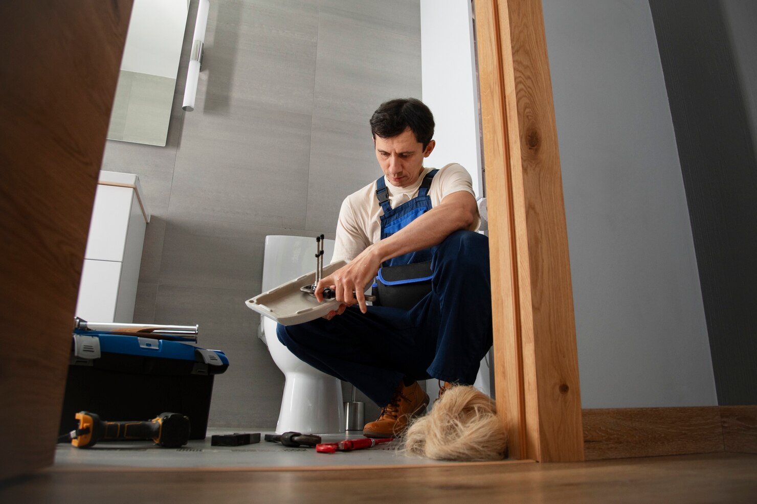 hombre fontanero trabajando arreglar problemas casa cliente 23 2150990704